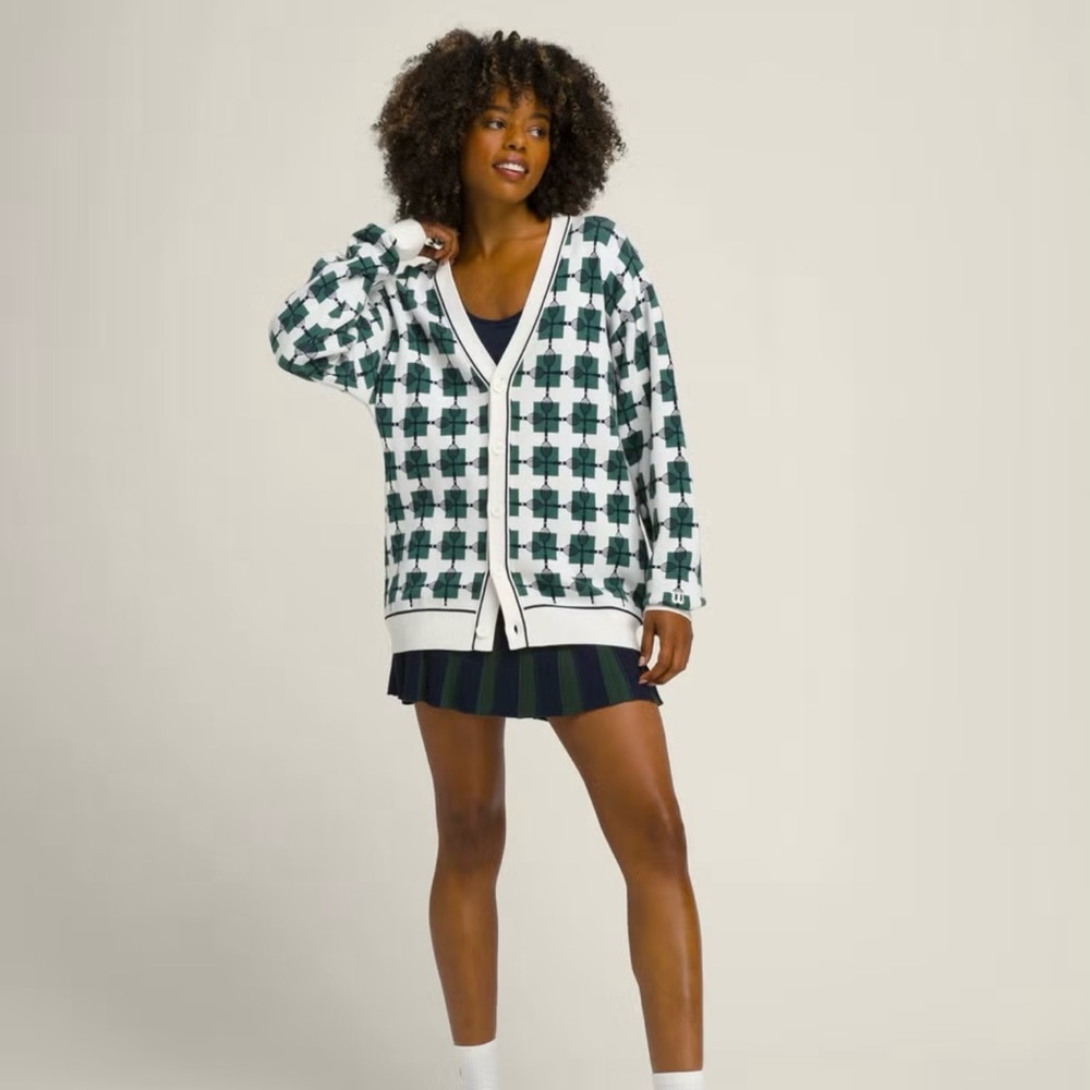 Wilson Throwback Cardigan Sweater Tennis Print Green White Pockets Sz M